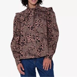 New Aligne Co. Genna mixed leopard 100% organic cotton print neck tie blouse top